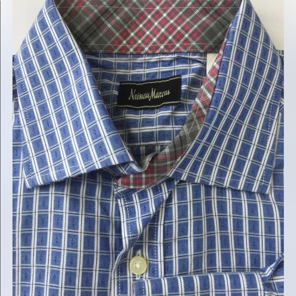 Nieman Marcus Men Long Sleeve Dress Shirt Blue White Check Medium Cotton - Picture 8 of 10